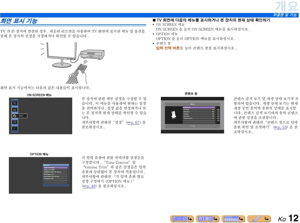 이 메뉴를 사용하여 원하는 설정 을 선택하거나, 설정 값을 변경하거나 또 는 본 장치의 현재 상태를 확인할 수 있습 니다. 세부사항에 관해선 설정 ( p. 67)을 참조하십시오. 콘텐츠 창 콘텐츠 검색 보기 및 재생 상태 보기가 포 함되어 있습니다. 재생 상태 보기는 현재 재생 중인 음악의 음원의 상태를 표시합 니다.