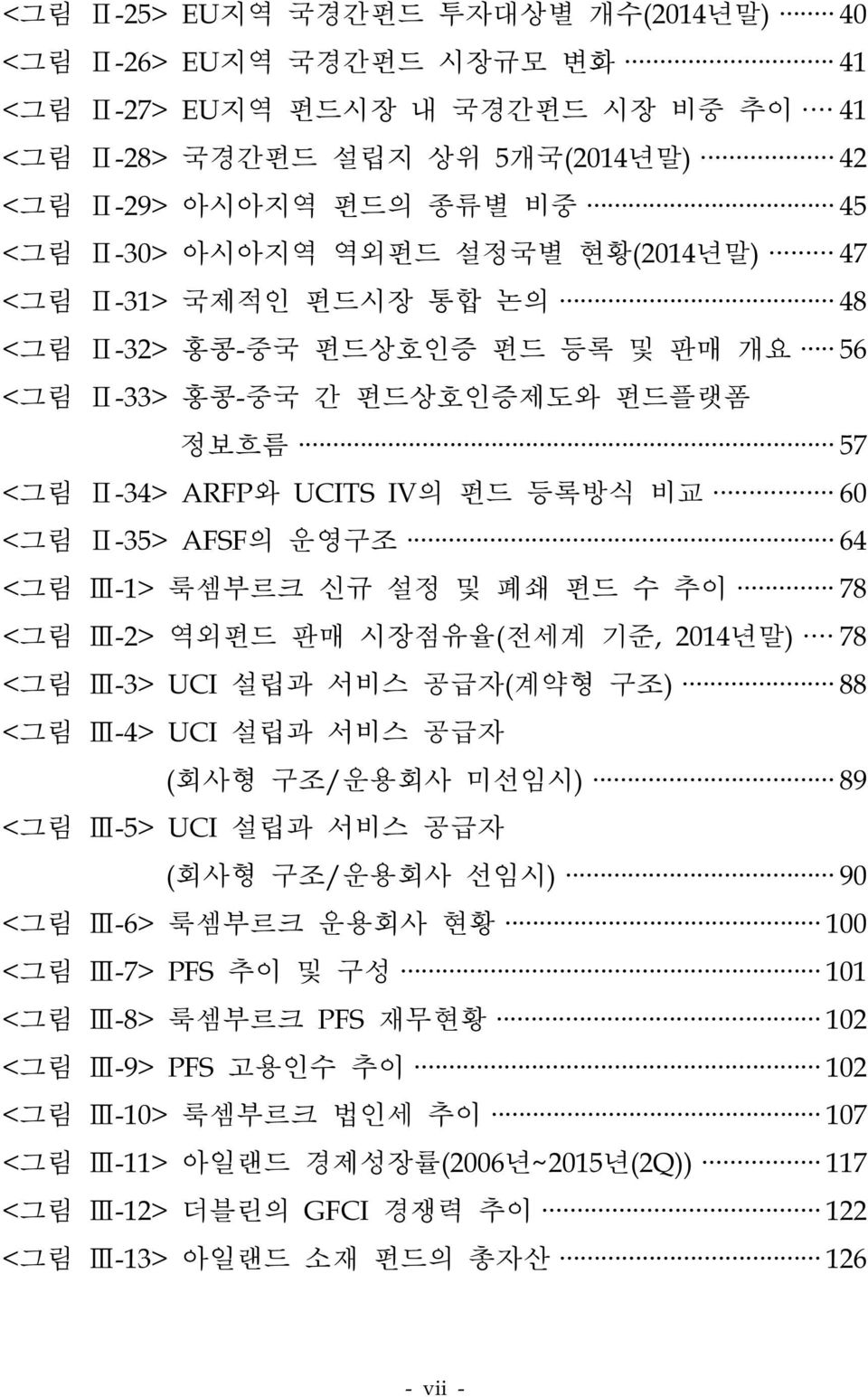 <그림 Ⅲ-1> 룩셈부르크 신규 설정 및 폐쇄 펀드 수 추이 78 <그림 Ⅲ-2> 역외펀드 판매 시장점유율(전세계 기준, 2014년말) 78 <그림 Ⅲ-3> UCI 설립과 서비스 공급자(계약형 구조) 88 <그림 Ⅲ-4> UCI 설립과 서비스 공급자 (회사형 구조/운용회사 미선임시) 89 <그림 Ⅲ-5> UCI 설립과 서비스 공급자 (회사형 구조/운용회사