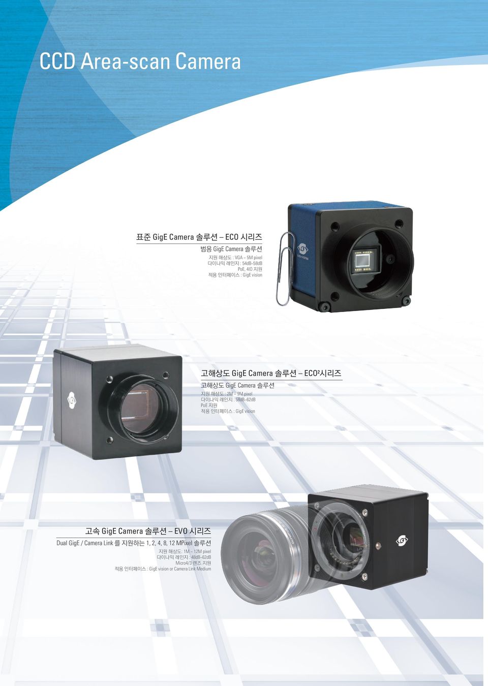 레인지 : 58dB~62dB PoE 지원 적용 인터페이스 : GigE vision 고속 GigE Camera 솔루션 EVO 시리즈 Dual GigE / Camera Link 를 지원하는 1, 2, 4,