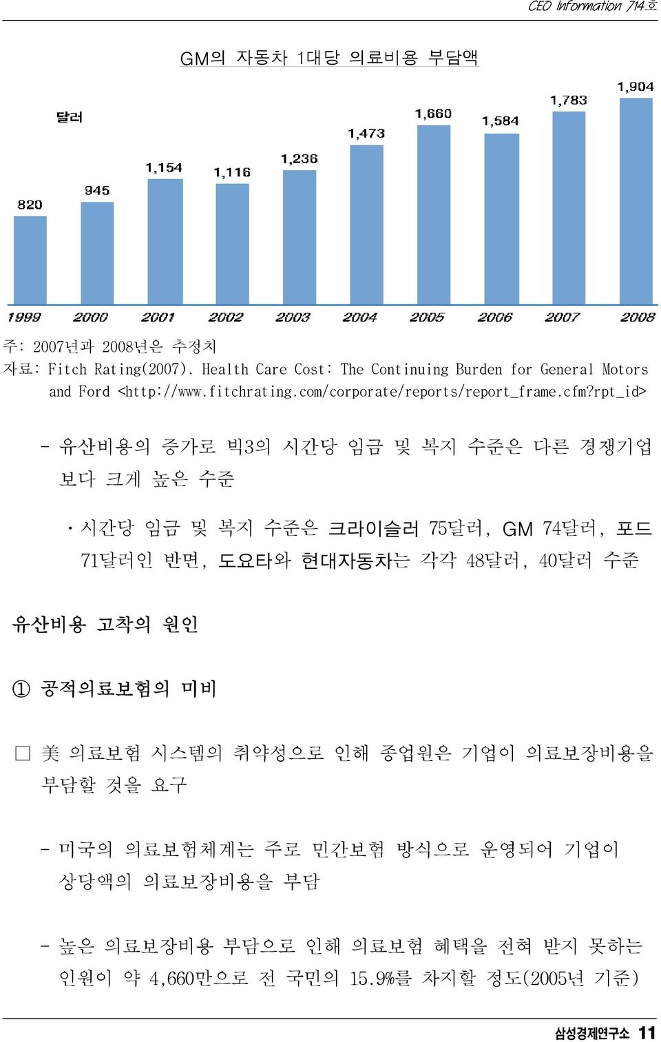 rpt_id> - 유산비용의 증가로 빅3의 시간당 임금 및 복지 수준은 다른 경쟁기업 보다 크게 높은 수준 ㆍ시간당 임금 및 복지 수준은 크라이슬러 75달러, GM 74달러, 포드 71달러인 반면, 도요타와 현대자동차는 각각 48달러, 40달러