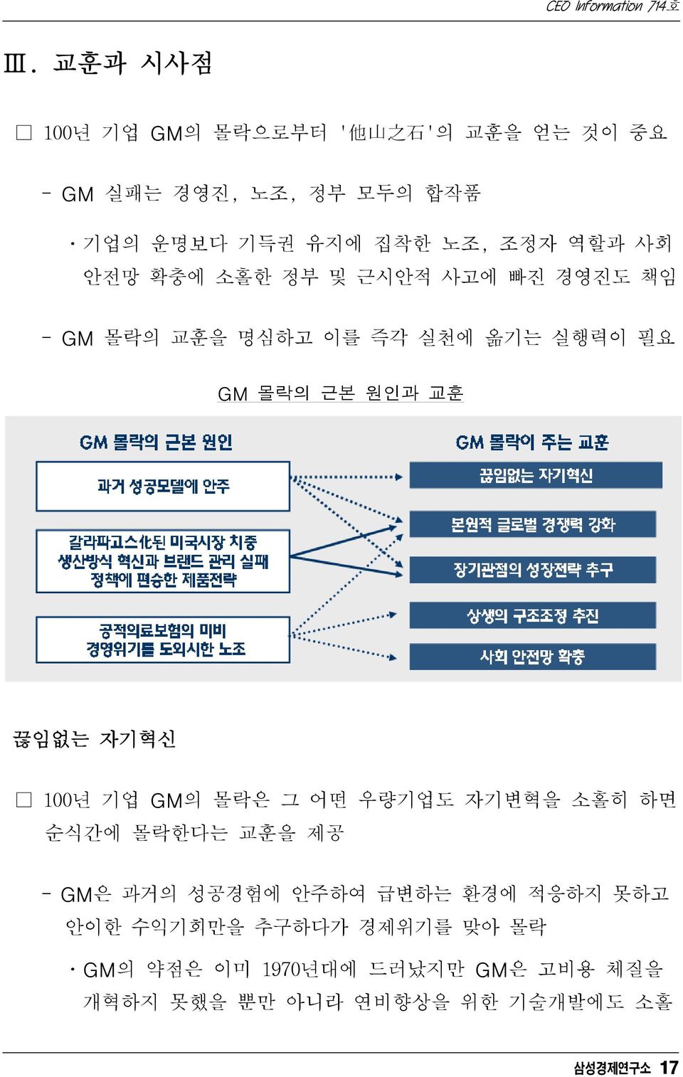 끊임없는 자기혁신 100년 기업 GM의 몰락은 그 어떤 우량기업도 자기변혁을 소홀히 하면 순식간에 몰락한다는 교훈을 제공 - GM은 과거의 성공경험에 안주하여 급변하는 환경에 적응하지 못하고