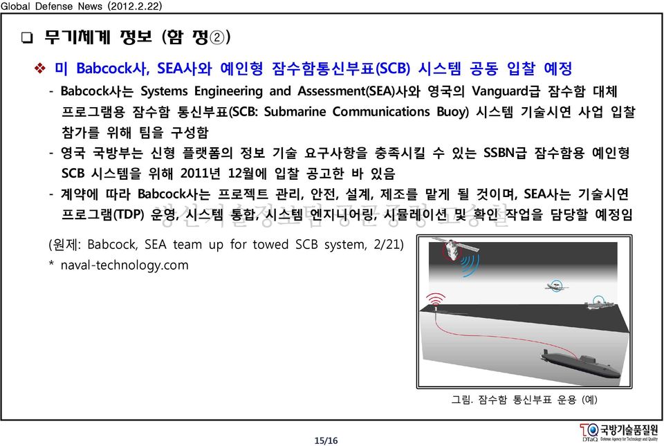 잠수함용 예인형 SCB 시스템을 위해 2011년 12월에 입찰 공고한 바 있음 - 계약에 따라 Babcock사는 프로젝트 관리, 안전, 설계, 제조를 맡게 될 것이며, SEA사는 기술시연 프로그램(TDP) 운영, 시스템 통합, 시스템