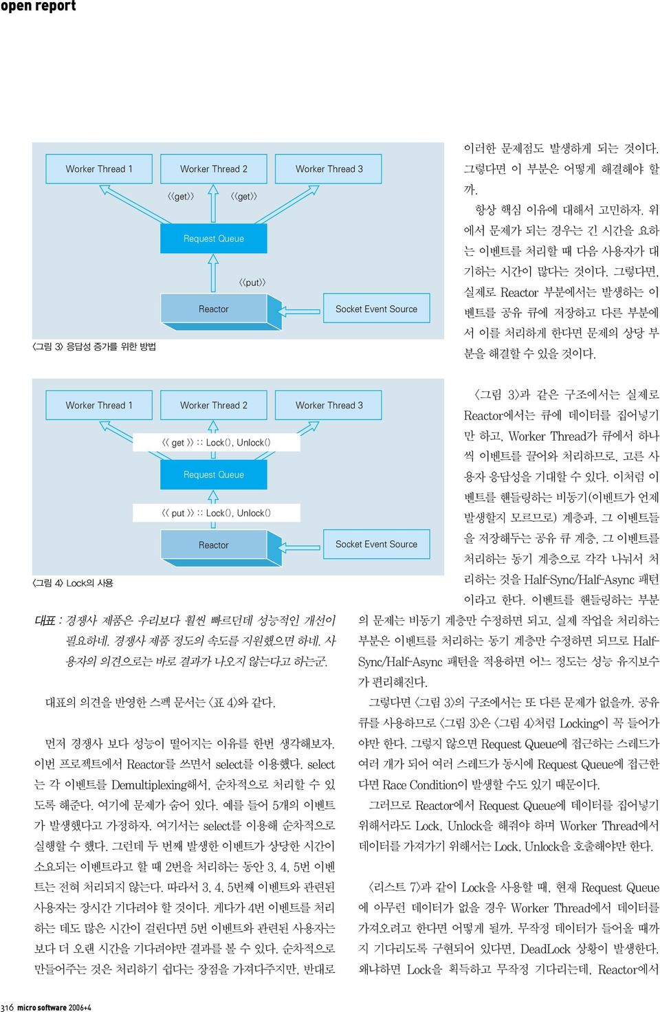 그렇다면, 실제로 Reactor 부분에서는 발생하는 이 Reactor Socket Event Source 벤트를 공유 큐에 저장하고 다른 부분에 <그림 3> 응답성 증가를 위한 방법 서 이를 처리하게 한다면 문제의 상당 부 분을 해결할 수 있을 것이다.