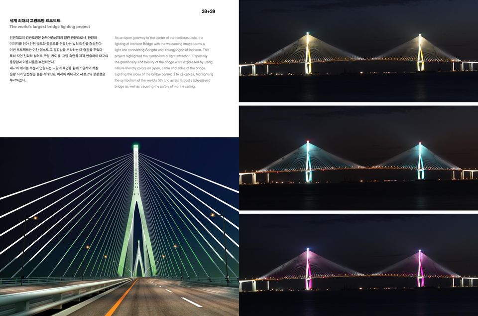 As an open gateway to the center of the northeast asia, the lighting of Incheon Bridge with the welcoming image forms a light line connecting Songdo and Youngjongdo of Incheon.