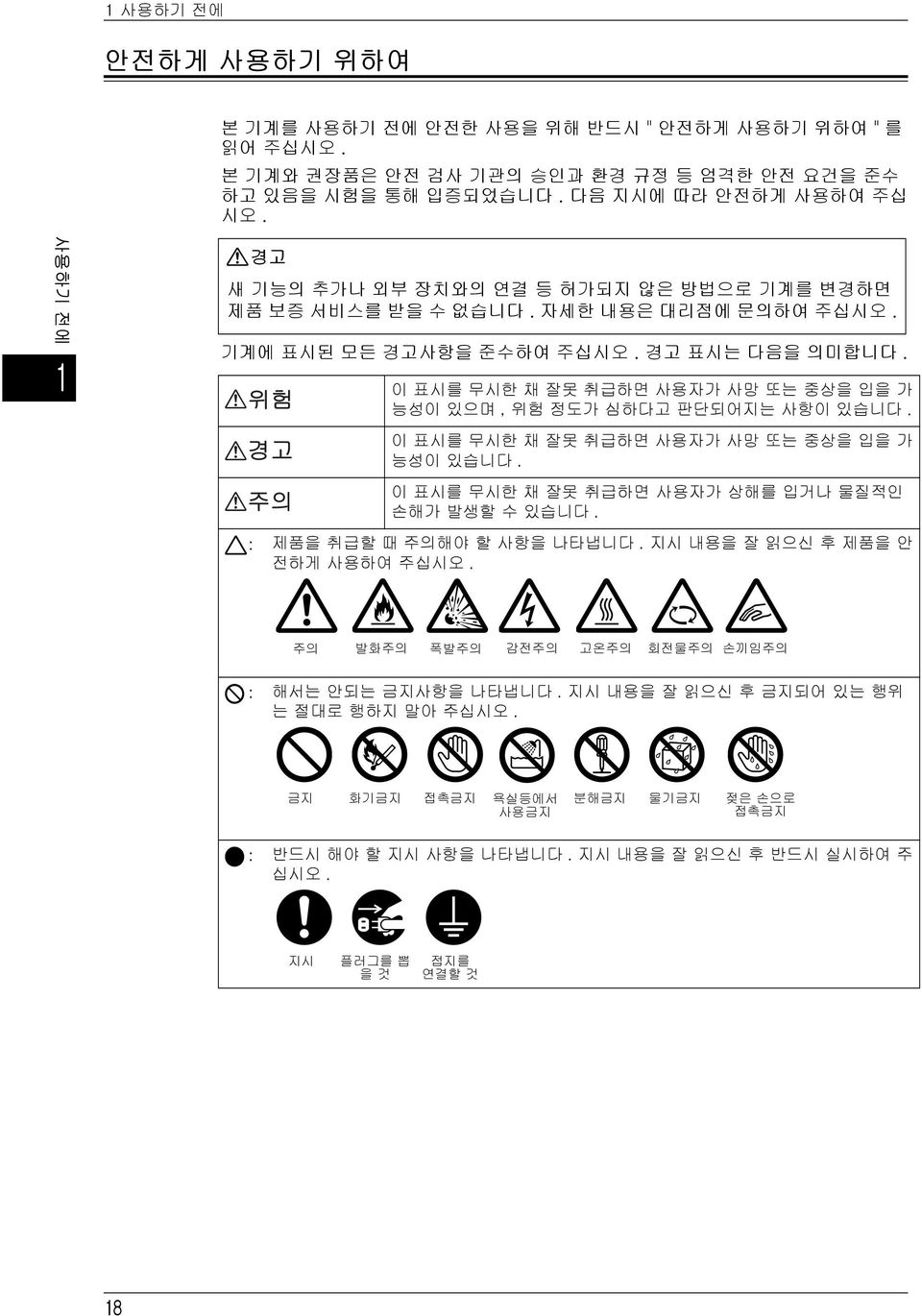 이 표시를 무시한 채 잘못 취급하면 사용자가 사망 또는 중상을 입을 가 능성이 있으며, 위험 정도가 심하다고 판단되어지는 사항이 있습니다. 이 표시를 무시한 채 잘못 취급하면 사용자가 사망 또는 중상을 입을 가 능성이 있습니다. 이 표시를 무시한 채 잘못 취급하면 사용자가 상해를 입거나 물질적인 손해가 발생할 수 있습니다.