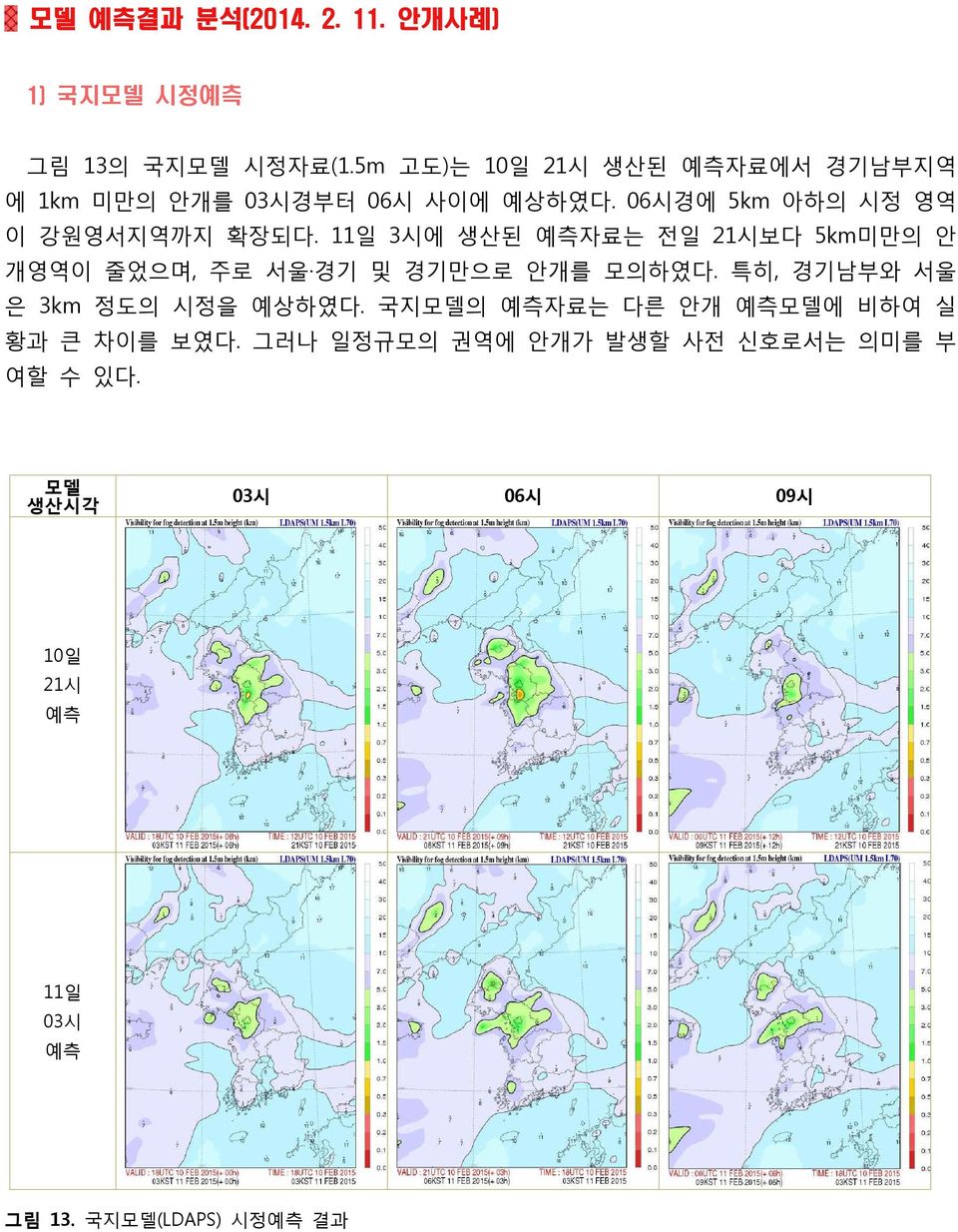 11일 3시에 생산된 예측자료는 전일 21시보다 5km미만의 안 개영역이 줄었으며, 주로 서울 경기 및 경기만으로 안개를 모의하였다. 특히, 경기남부와 서울 은 3km 정도의 시정을 예상하였다.