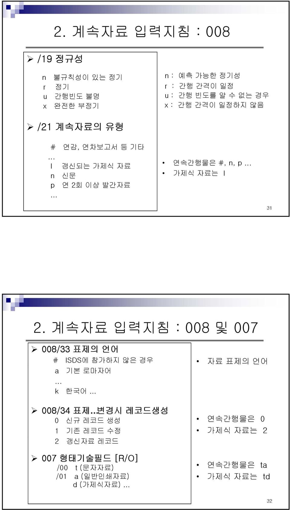 계속자료 입력지침 : 008 및 007 008/33 표제의 언어 # ISDS에 참가하지 않은 경우 자료 표제의 언어 a 기본 로마자어.