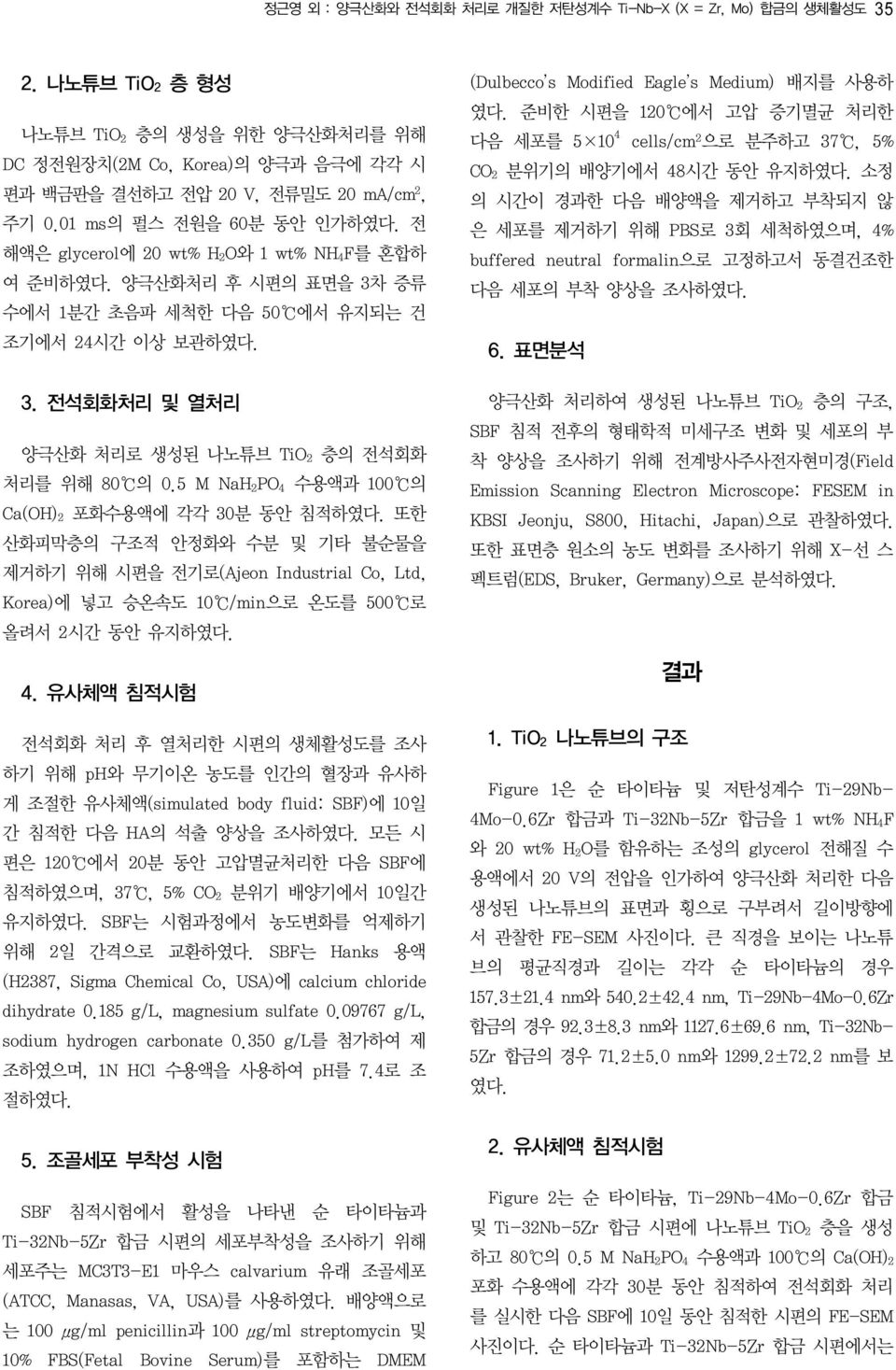 5 M NaH 2 PO 4 수용액과 100 의 Ca(OH) 2 포화수용액에 각각 30분 동안 침적하였다. 또한 산화피막층의 구조적 안정화와 수분 및 기타 불순물을 제거하기 위해 시편을 전기로(Ajeon Industrial Co, Ltd, Korea)에 넣고 승온속도 10 /min으로 온도를 500 로 올려서 2시간 동안 유지하였다. 4. 유사체액 침적시험 전석회화 처리 후 열처리한 시편의 생체활성도를 조사 하기 위해 ph와 무기이온 농도를 인간의 혈장과 유사하 게 조절한 유사체액(simulated body fluid: SBF)에 10일 간 침적한 다음 HA의 석출 양상을 조사하였다.