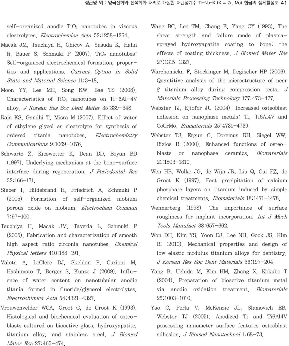 Current Option in Solid State and Material Science 11:3-18. Moon YY, Lee MH, Song KW, Bae TS (2008). Characteristics of TiO 2 nanotubes on Ti-6Al-4V alloy. J Korean Res Soc Dent Mater 35:339-348.