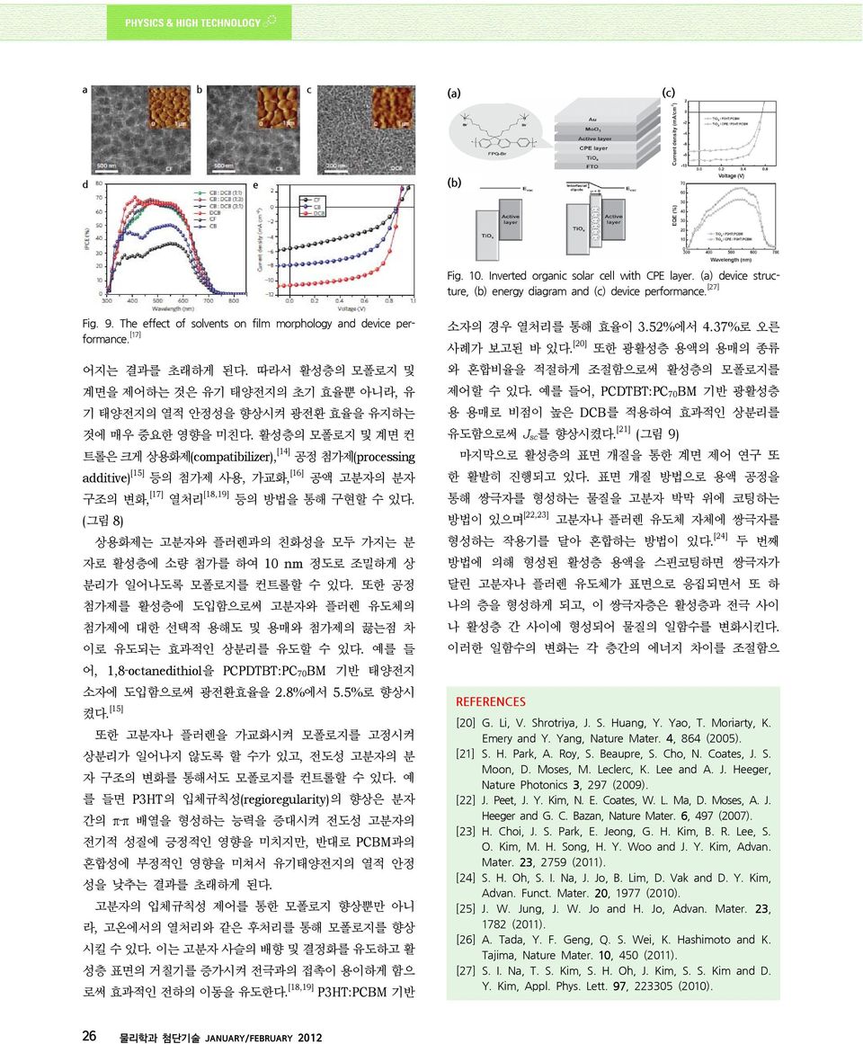 활성층의 모폴로지 및 계면 컨 트롤은 크게 상용화제(compatibilizer), [14] 공정 첨가제(processing additive) [15] 등의 첨가제 사용, 가교화, [16] 공액 고분자의 분자 구조의 변화, [17] 열처리 [18,19] 등의 방법을 통해 구현할 수 있다.