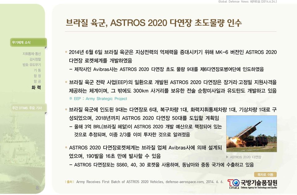 기상차량 1대로 구 성되었으며, 2018년까지 ASTROS 2020 다연장 50대를 도입할 계획임 - 올해 3억 BRL(브라질 헤알)이 ASTROS 2020 개발 예산으로 책정되어 있는 것으로 추정되며, 이중 2/3를 이미 투자한 것으로 알려졌음 ASTROS 2020 다연장로켓체계는 브라질 업체 Avibras사에 의해 설계되