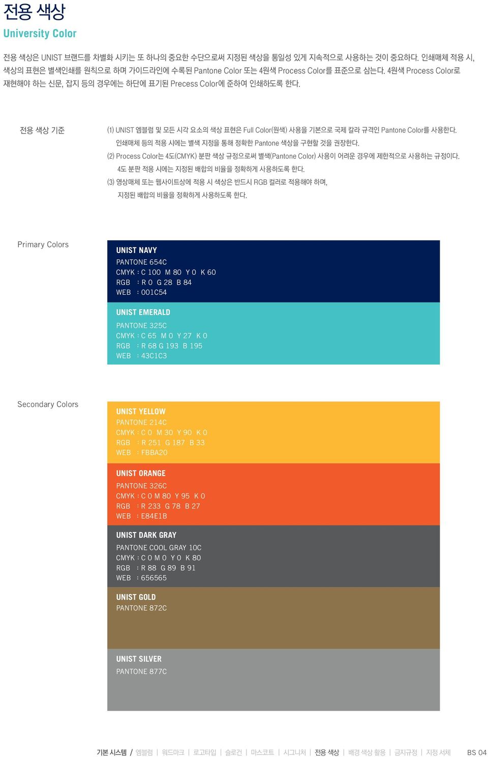 인쇄매체 등의 적용 시에는 별색 지정을 통해 정확한 Pantone 색상을 구현할 것을 권장한다. (2) Process Color는 4도(CMYK) 분판 색상 규정으로써 별색(Pantone Color) 사용이 어려운 경우에 제한적으로 사용하는 규정이다. 4도 분판 적용 시에는 지정된 배합의 비율을 정확하게 사용하도록 한다.