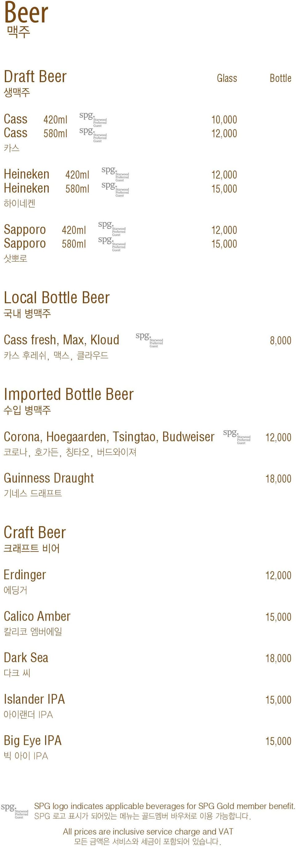 Bottle Beer 수입 병맥주 Corona, Hoegaarden, Tsingtao, Budweiser 12,000 코로나, 호가든, 칭타오, 버드와이져 Guinness Draught 18,000 기네스 드래프트 Craft