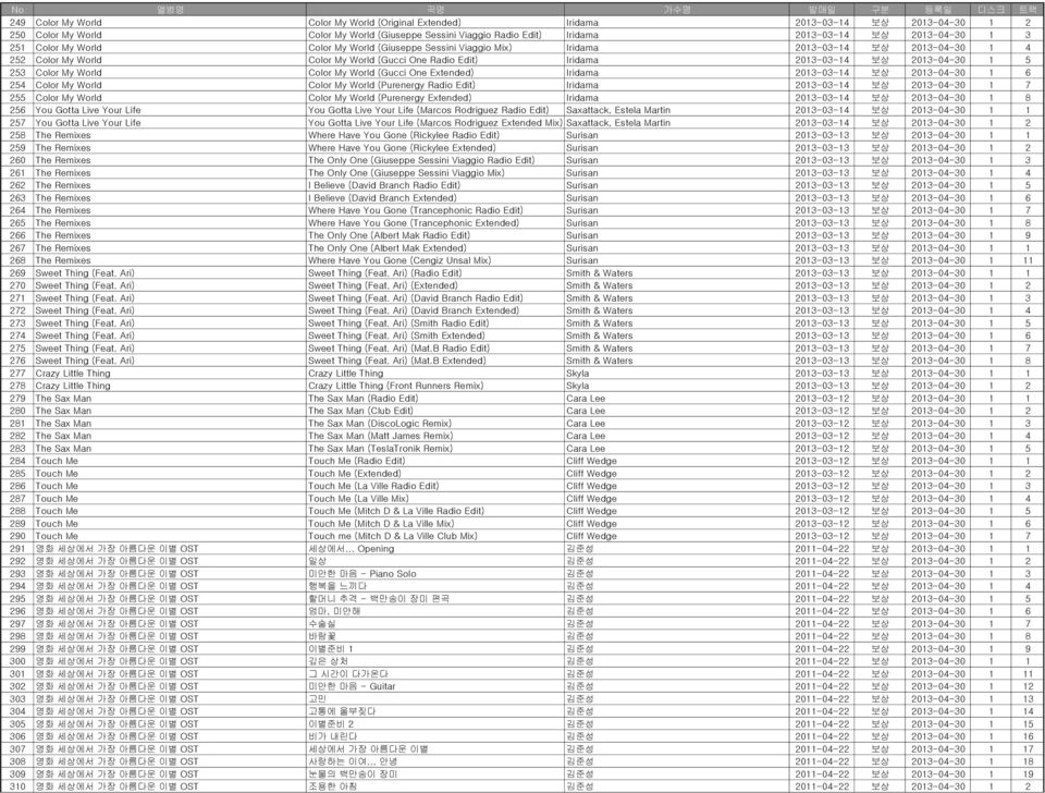 Color My World Color My World (Gucci One Extended) Iridama 2013-03-14 보상 2013-04-30 1 6 254 Color My World Color My World (Purenergy Radio Edit) Iridama 2013-03-14 보상 2013-04-30 1 7 255 Color My