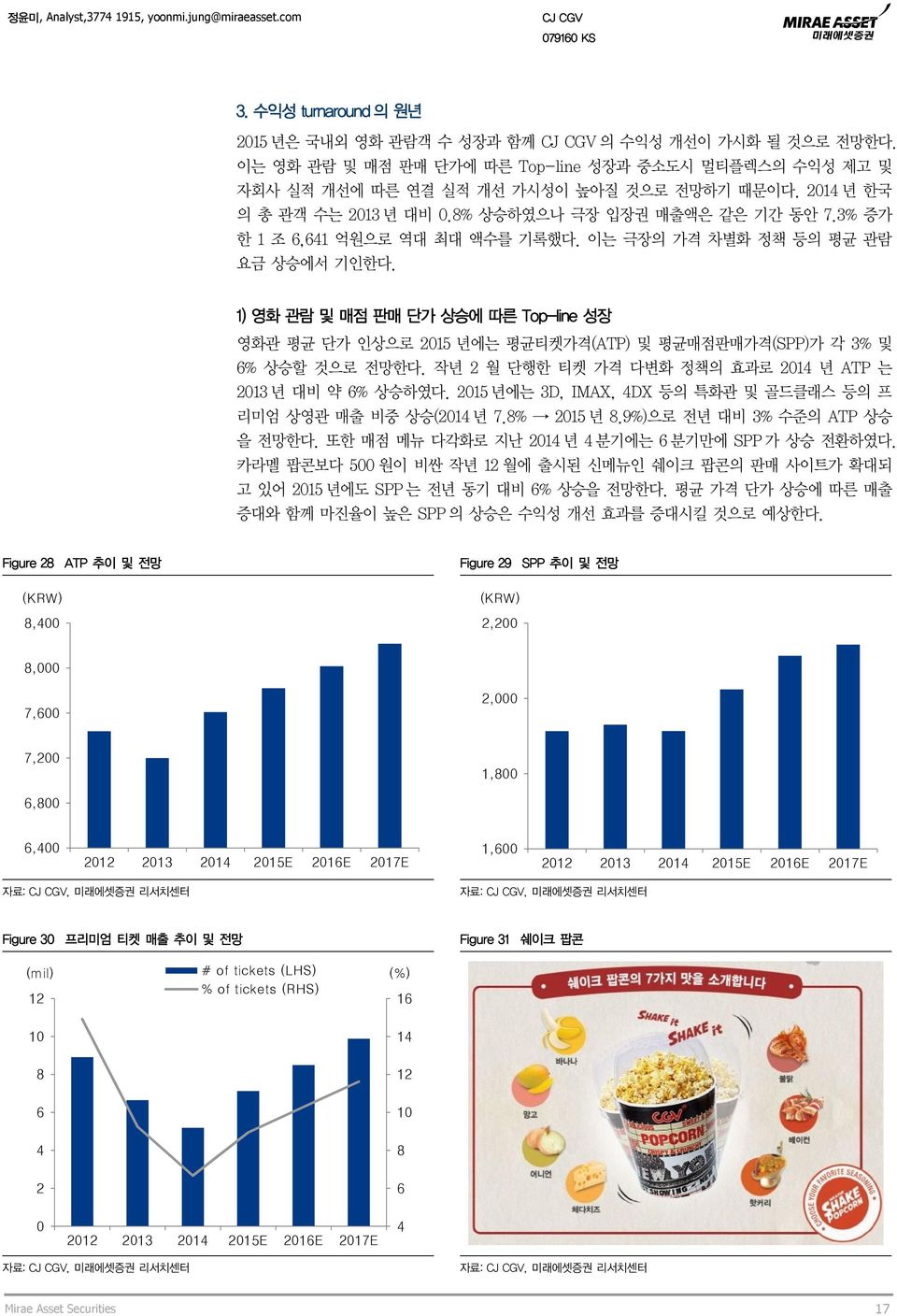 1) 영화 관람 및 매점 판매 단가 상승에 따른 Top-line 성장 영화관 평균 단가 인상으로 215 년에는 평균티켓가격(ATP) 및 평균매점판매가격(SPP)가 각 3% 및 6% 상승할 것으로 전망한다. 작년 2 월 단행한 티켓 가격 다변화 정책의 효과로 214 년 ATP 는 213 년 대비 약 6% 상승하였다.