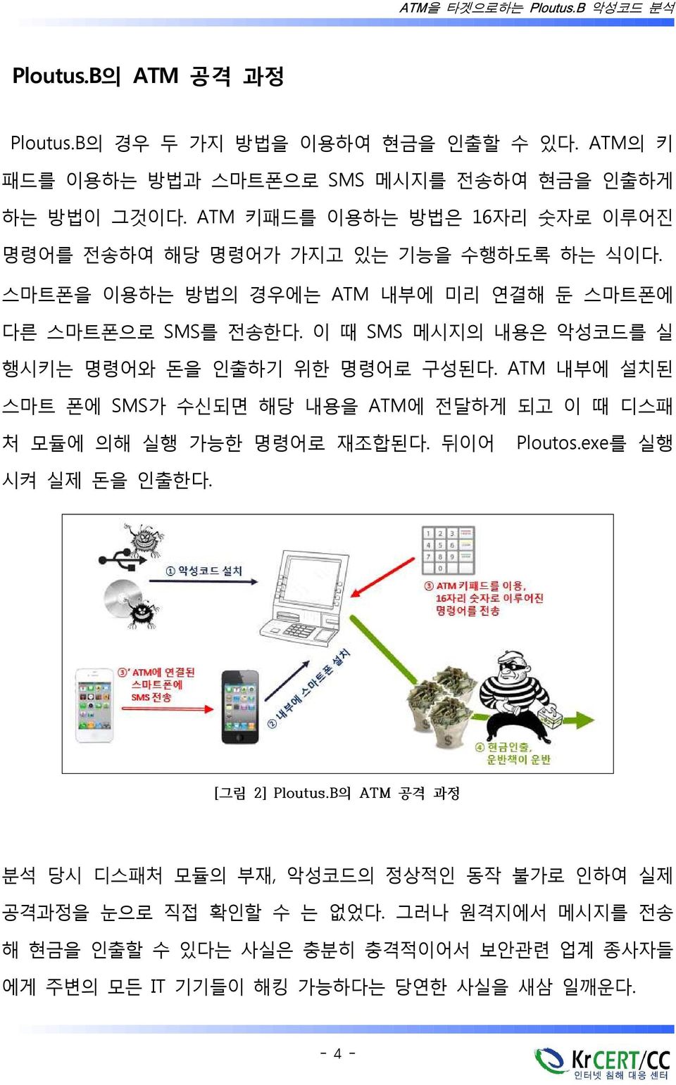 이 때 SMS 메시지의 내용은 악성코드를 실 행시키는 명령어와 돈을 인출하기 위한 명령어로 구성된다. ATM 내부에 설치된 스마트 폰에 SMS가 수신되면 해당 내용을 ATM에 전달하게 되고 이 때 디스패 처 모듈에 의해 실행 가능한 명령어로 재조합된다. 뒤이어 Ploutos.