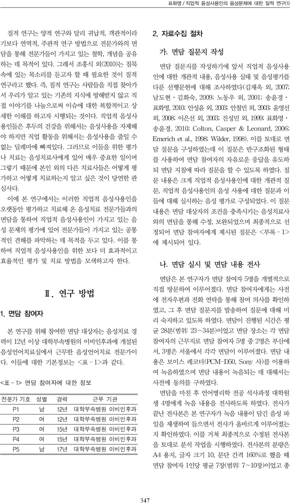 그러므로 이들을 위한 평가 나 치료는 음성치료사에게 있어 매우 중요한 일이며 그렇기 때문에 본인 외의 다른 치료사들은 어떻게 평 가하고 어떻게 치료하는지 알고 싶은 것이 당연한 관 심사다.