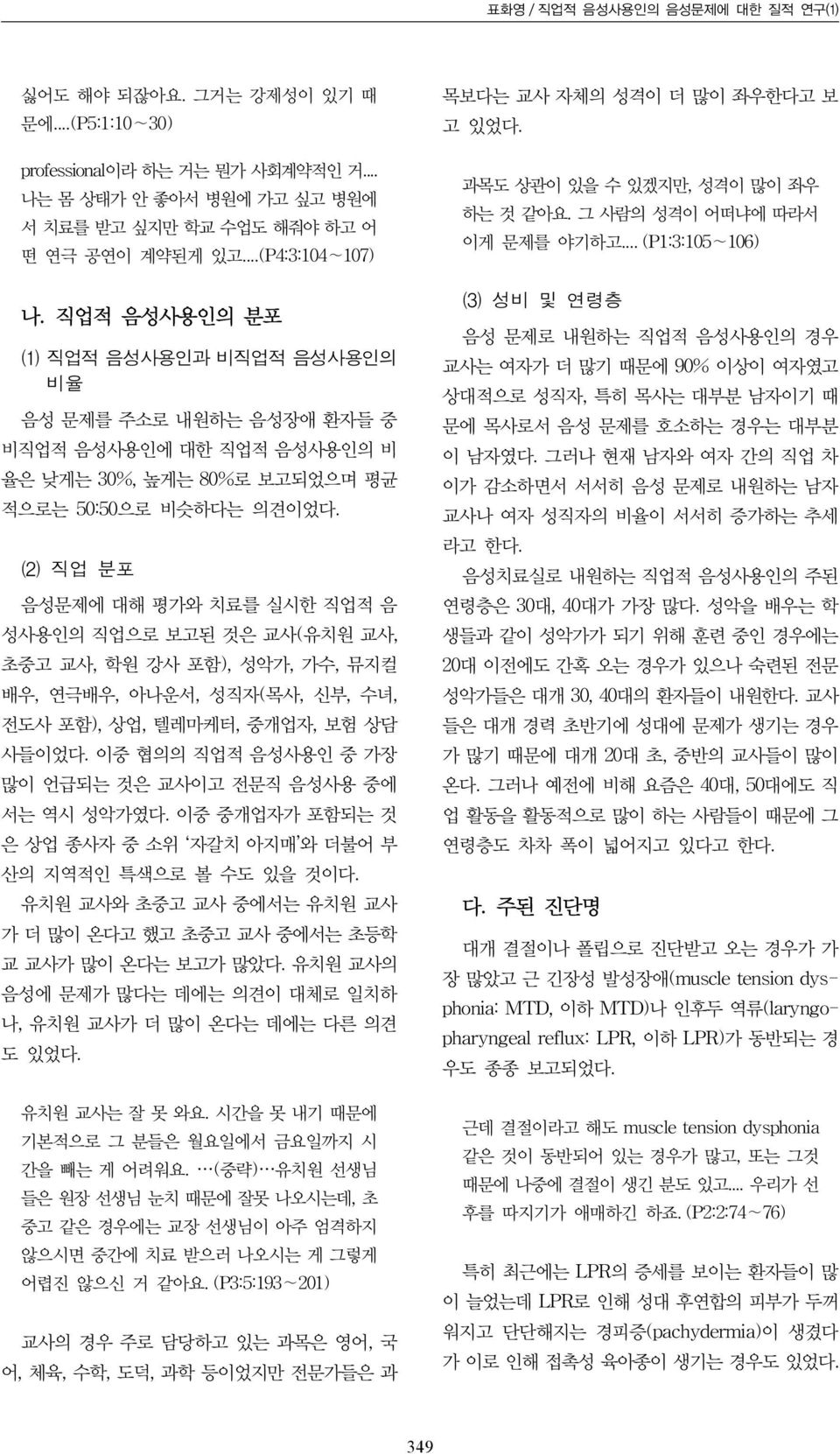 (2) 직업 분포 음성문제에 대해 평가와 치료를 실시한 직업적 음 성사용인의 직업으로 보고된 것은 교사(유치원 교사, 초중고 교사, 학원 강사 포함), 성악가, 가수, 뮤지컬 배우, 연극배우, 아나운서, 성직자(목사, 신부, 수녀, 전도사 포함), 상업, 텔레마케터, 중개업자, 보험 상담 사들이었다.