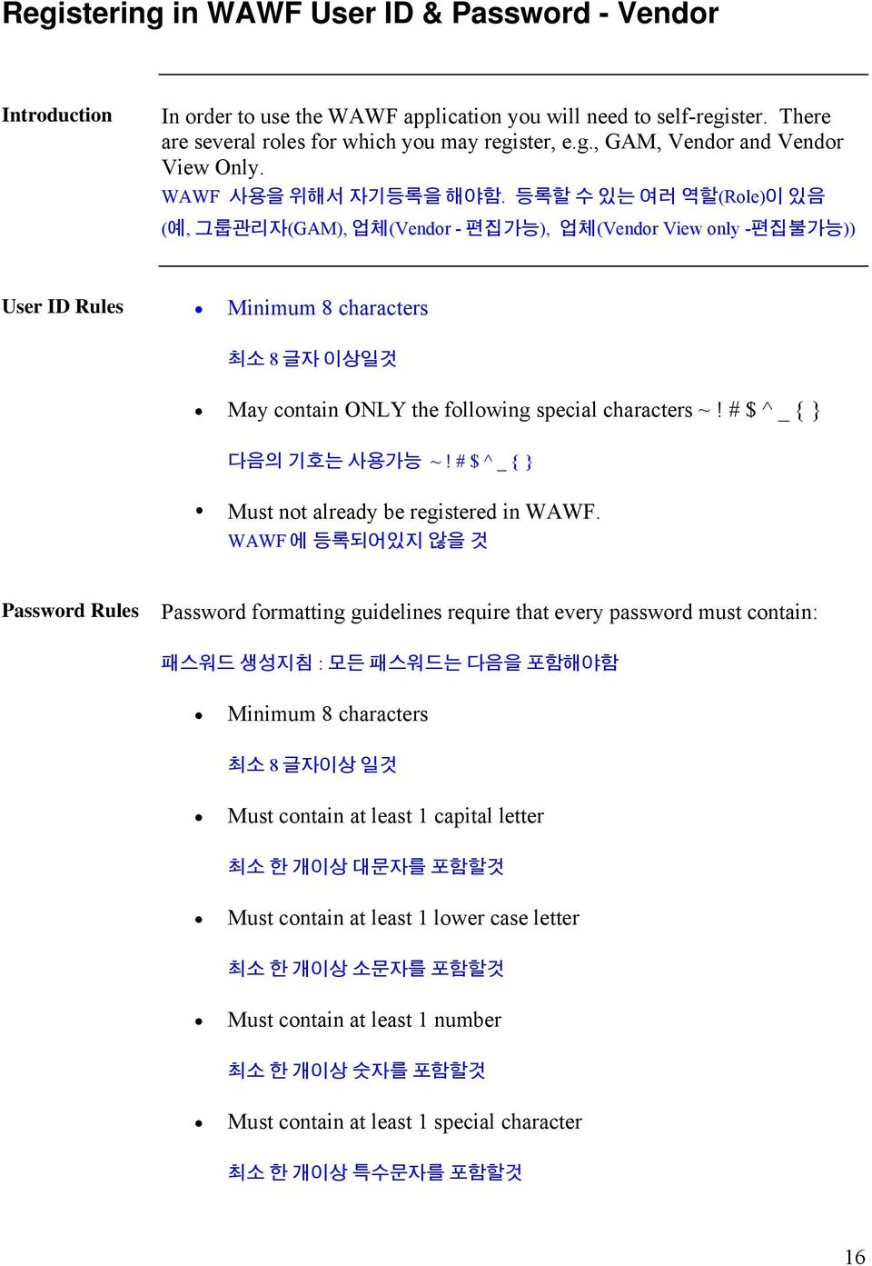 등록할 수 있는 여러 역할 (Role) 이 있음 (예, 그룹관리자 (GAM), 업체(Vendor - 편집가능), 업체(Vendor View only -편집불가능 )) User ID Rules Minimum 8 characters 최소 8 글자 이상일것 May contain ONLY the following special characters ~!