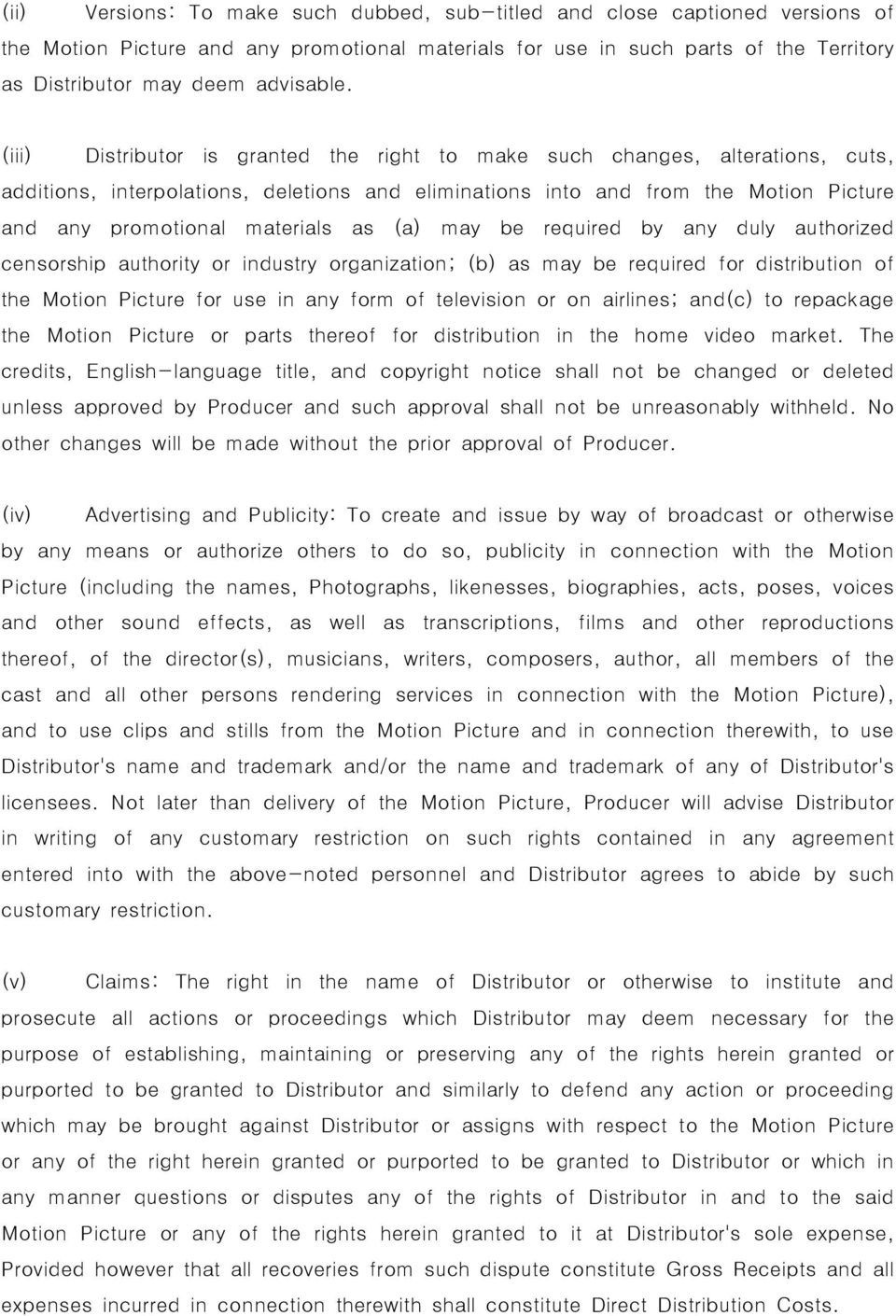 (iii) Distributor is granted the right to make such changes, alterations, cuts, additions, interpolations, deletions and eliminations into and from the Motion Picture and any promotional materials as