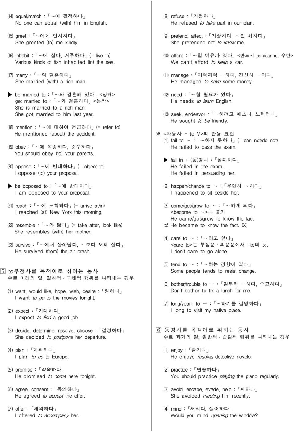 be married to : ~와 결혼해 있다 <상태> get married to : ~와 결혼하다 <동작> She is married to a rich man. She got married to him last year. (18) mention : ~에 대하여 언급하다 (= refer to) He mentioned (about) the accident.