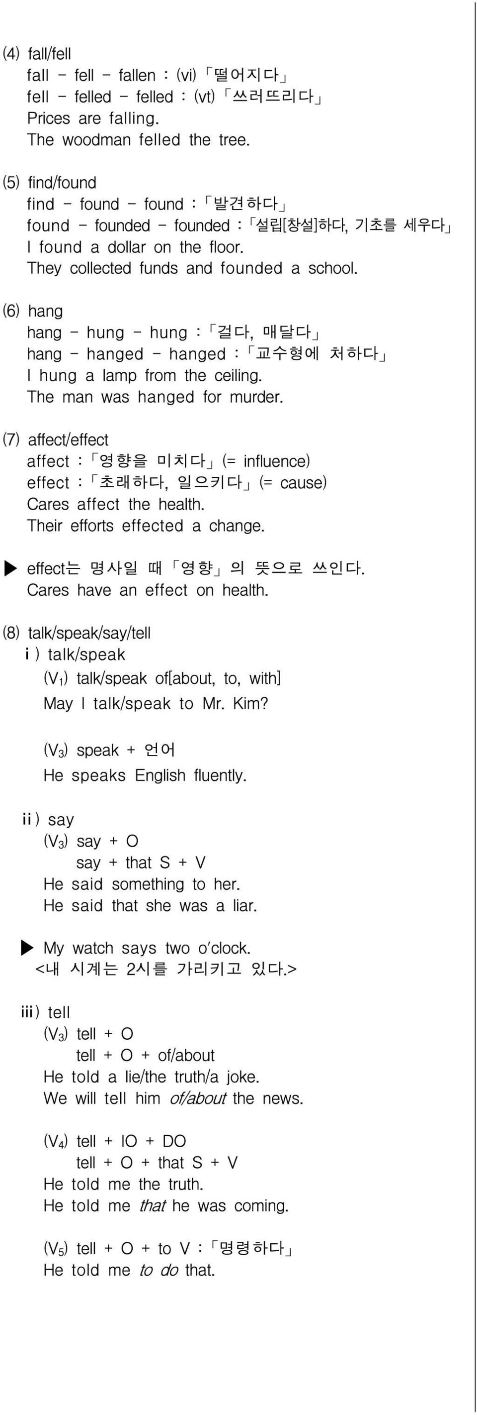 (6) hang hang - hung - hung : 걸다, 매달다 hang - hanged - hanged : 교수형에 처하다 I hung a lamp from the ceiling. The man was hanged for murder.