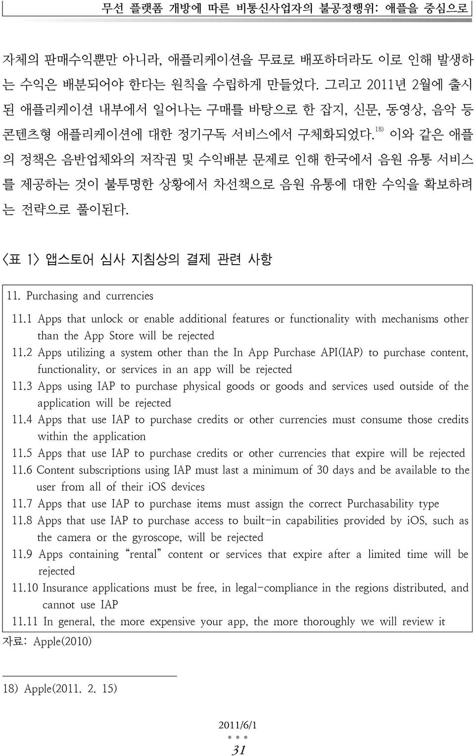 18) 이와 같은 애플 의 정책은 음반업체와의 저작권 및 수익배분 문제로 인해 한국에서 음원 유통 서비스 를 제공하는 것이 불투명한 상황에서 차선책으로 음원 유통에 대한 수익을 확보하려 는 전략으로 풀이된다. <표 1> 앱스토어 심사 지침상의 결제 관련 사항 11. Purchasing and currencies 11.