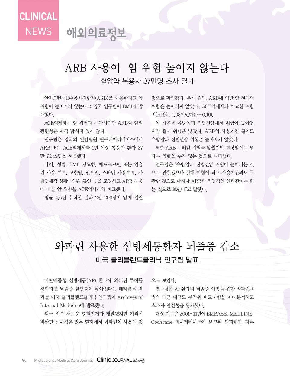 6년 추적한 결과 2만 203명이 암에 걸린 것으로 확인됐다. 분석 결과, ARB에 의한 암 전체의 위험은 높아지지 않았다. ACE억제제와 비교한 위험 비(HR)는 1.03이었다(P=0.10). 암 가운데 유방암과 전립선암에서 위험이 높아졌 지만 절대 위험은 낮았다. ARB의 사용기간 길어도 유방암과 전립선암 위험은 높아지지 않았다.