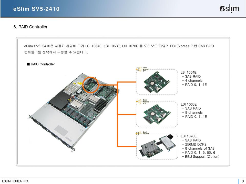 RAID Controller LSI 1064E -SAS RAID - 4 channels -RAID 0, 1, 1E LSI 1068E -SAS RAID - 8