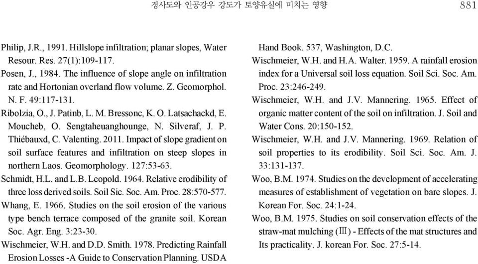 Sengtaheuanghounge, N. Silveraf, J. P. Thiébauxd, C. Valenting. 2011. Impact of slope gradient on soil surface features and infiltration on steep slopes in northern Laos. Geomorphology. 127:53-63.