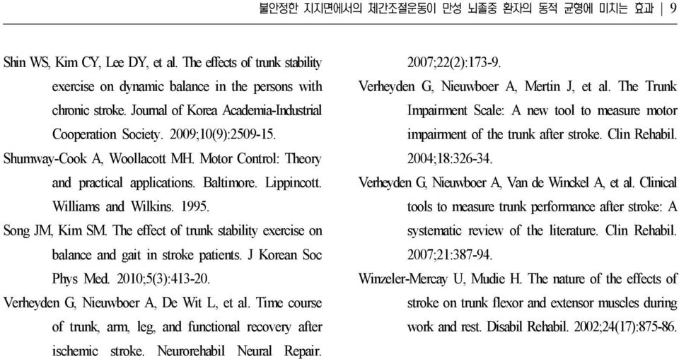 The effect of trunk stability exercise on balance and gait in stroke patients. J Korean Soc Phys Med. 2010;5(3):413-20. Verheyden G, Nieuwboer A, De Wit L, et al.