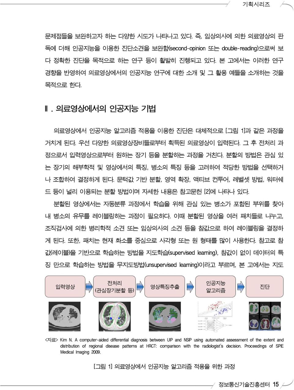 그 후 전처리 과 정으로서 입력영상으로부터 원하는 장기 등을 분할하는 과정을 거친다. 분할의 방법은 관심 있 는 장기의 해부학적 및 영상에서의 특징, 병소의 특징 등을 고려하여 적당한 방법을 선택하거 나 조합하여 결정하게 된다.