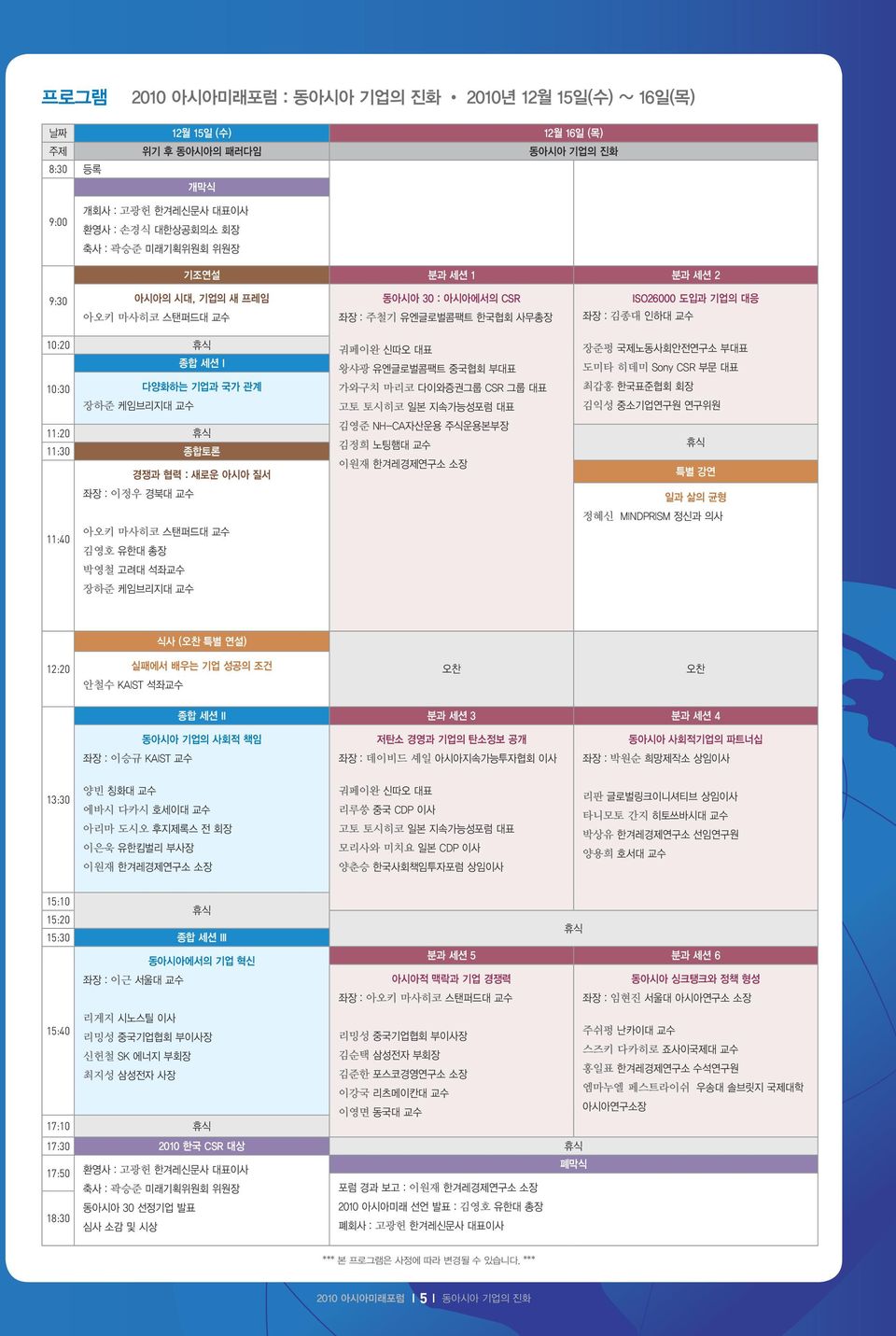 교수 11:20 휴식 11:30 종합토론 경쟁과 협력 : 새로운 아시아 질서 좌장 : 이정우 경북대 교수 아오키 마사히코 스탠퍼드대 교수 11:40 김영호 유한대 총장 박영철 고려대 석좌교수 장하준 케임브리지대 교수 궈페이완 신따오 대표 왕샤광 유엔글로벌콤팩트 중국협회 부대표 가와구치 마리코 다이와증권그룹 CSR 그룹 대표 고토 토시히코 일본