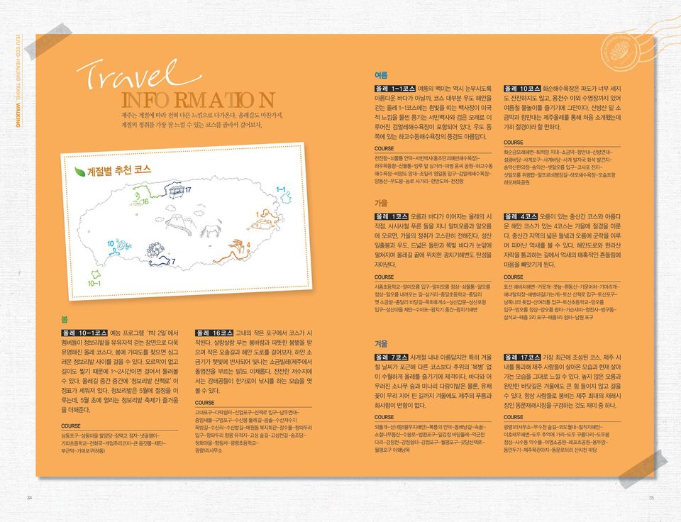 Course 천진항-쇠물통 언덕-서빈백사(홍조단괴해빈해수욕장)- 하우목동항-산물통-망루 앞 삼거리-파평 윤씨 공원-하고수동 해수욕장-비양도 망대-조일리 영일동 입구-검멀레해수욕장- 망동산-우도봉-농로 사거리-한반도여-천진항 가을 올레 1코스 오름과 바다가 이어지는 올레의 시 작점.