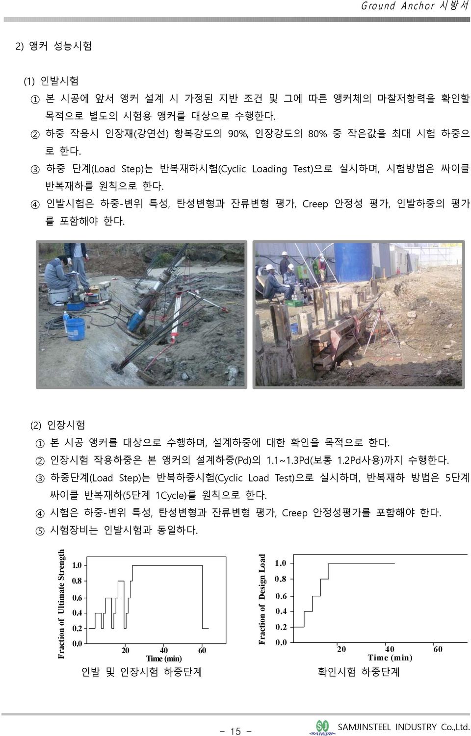 (2) 인장시험 1 본 시공 앵커를 대상으로 수행하며, 설계하중에 대한 확인을 목적으로 한다. 2 인장시험 작용하중은 본 앵커의 설계하중(Pd)의 1.1~1.3Pd(보통 1.2Pd사용)까지 수행한다.