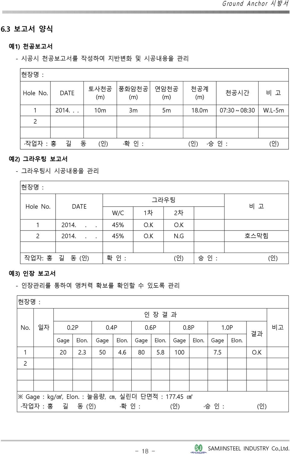 G 호스막힘 작업자: 홍 길 동 (인) 확 인 : (인) 승 인 : (인) 예3) 인장 보고서 - 인장관리를 통하여 앵커력 확보를 확인할 수 있도록 관리 현장명 : 인 장 결 과 No. 일자 0.2P 0.4P 0.6P 0.8P 1.0P Gage Elon. Gage Elon. Gage Elon. Gage Elon. Gage Elon. 결과 비고 1 20 2.