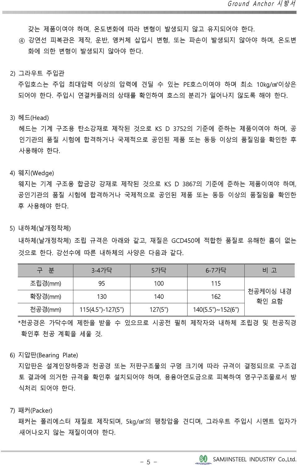 4) 웨지(Wedge) 웨지는 기계 구조용 합금강 강재로 제작된 것으로 KS D 3867의 기준에 준하는 제품이여야 하며, 공인기관의 품질 시험에 합격하거나 국제적으로 공인된 제품 또는 동등 이상의 품질임을 확인한 후 사용해야 한다.