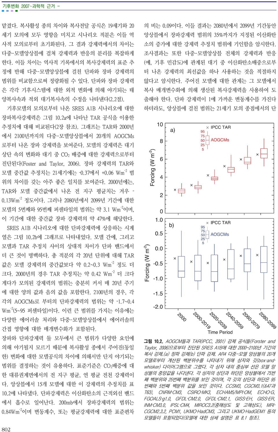 기후모델의 모의로부터 나온 SRES A1B 시나리오에 대한 장파복사강제력은 그림 10.2a에 나타난 TAR 공식을 이용한 추정치에 대해 비교된다(2장 참조). 그래프는 TAR와 2000년 에서 2100년까지의 다중-모델앙상블에서 20개의 AOGCMs 로부터 나온 장파 강제력을 보여준다.