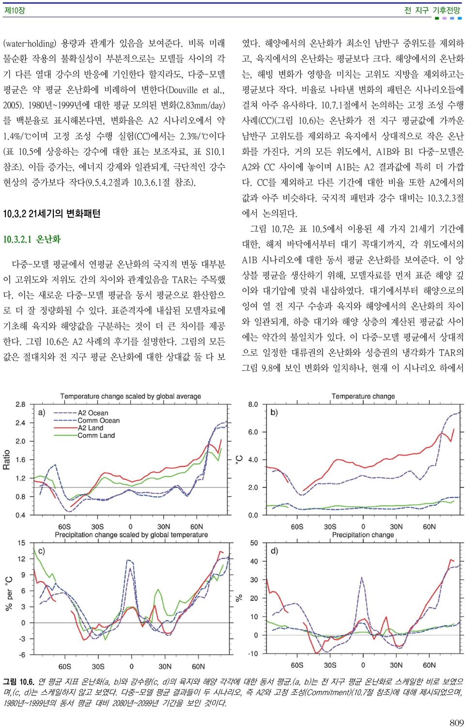 3.2.1 온난화 다중-모델 평균에서 연평균 온난화의 국지적 변동 대부분 이 고위도와 저위도 간의 차이와 관계있음을 TAR는 주목했 다. 이는 새로운 다중-모델 평균을 동서 평균으로 환산함으 로 더 잘 정량화될 수 있다. 표준격자에 내삽된 모델자료에 기초해 육지와 해양값을 구분하는 것이 더 큰 차이를 제공 한다. 그림 10.