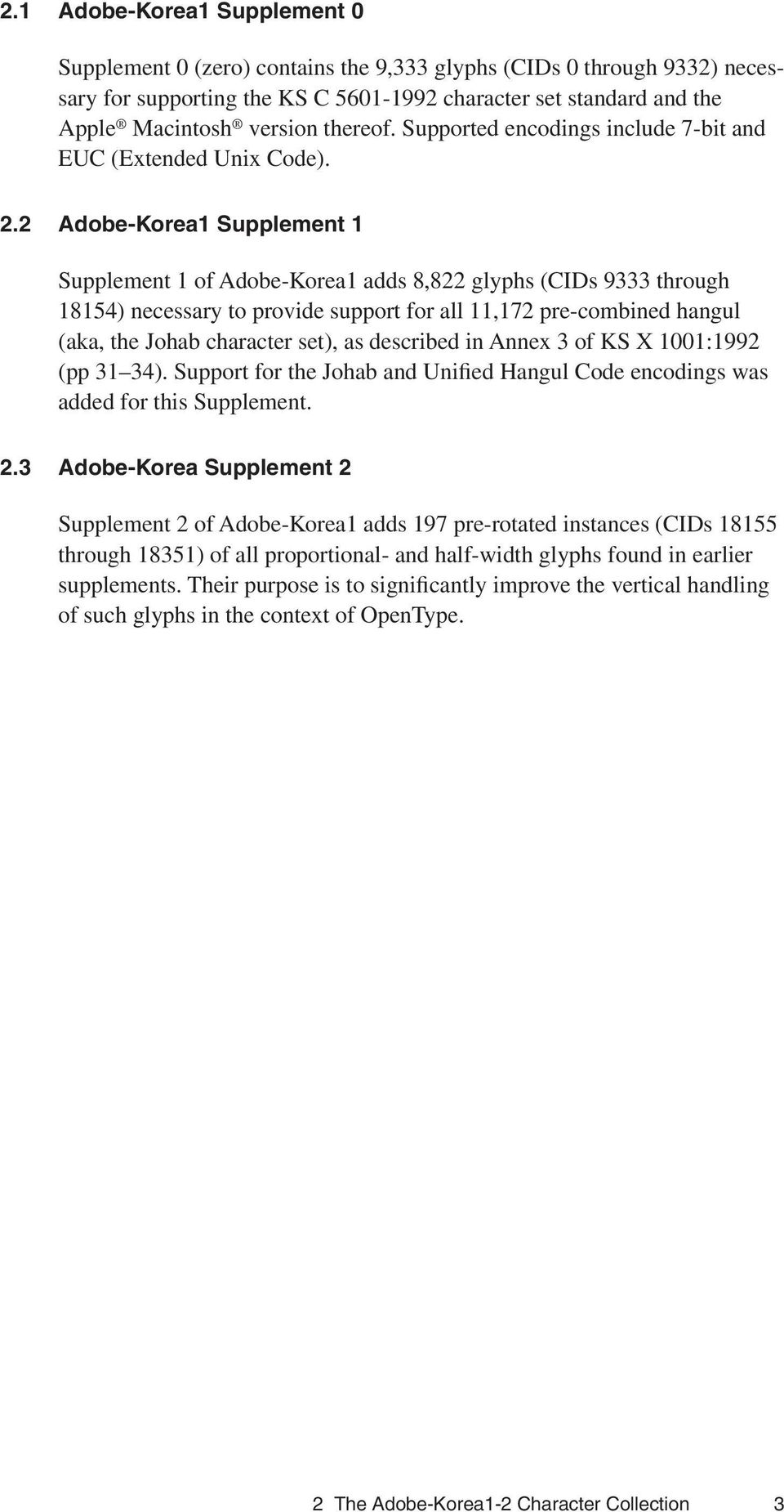 2 Adobe-Korea1 Supplement 1 Supplement 1 of Adobe-Korea1 adds 8,822 glyphs (CIDs 9333 through 18154) necessary to provide support for all 11,172 pre-combined hangul (aka, the Johab character set), as