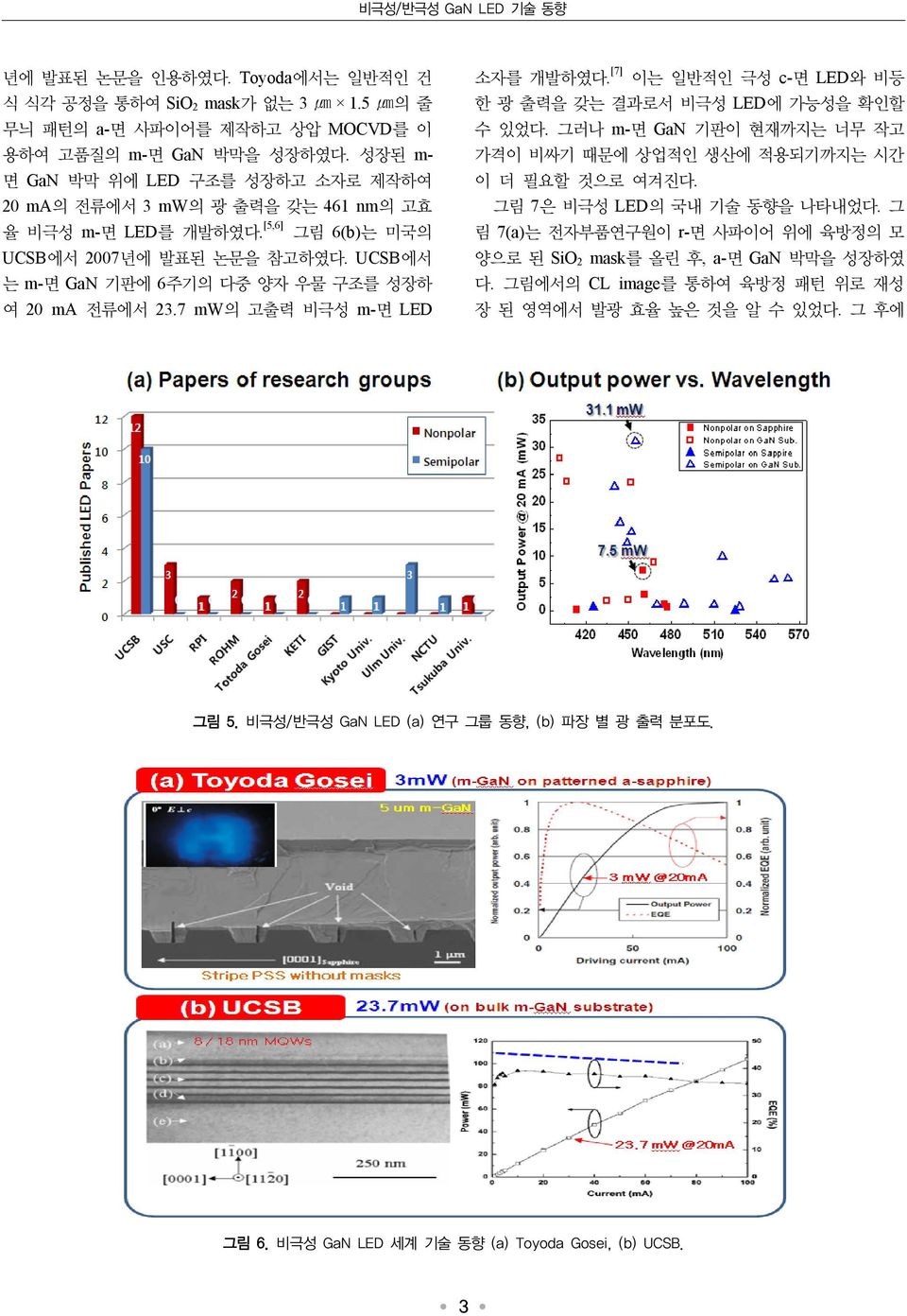 UCSB에서 는 m-면 GaN 기판에 6주기의 다중 양자 우물 구조를 성장하 여 20 ma 전류에서 23.7 mw의 고출력 비극성 m-면 LED 소자를 개발하였다. [7] 이는 일반적인 극성 c-면 LED와 비등 한 광 출력을 갖는 결과로서 비극성 LED에 가능성을 확인할 수 있었다.