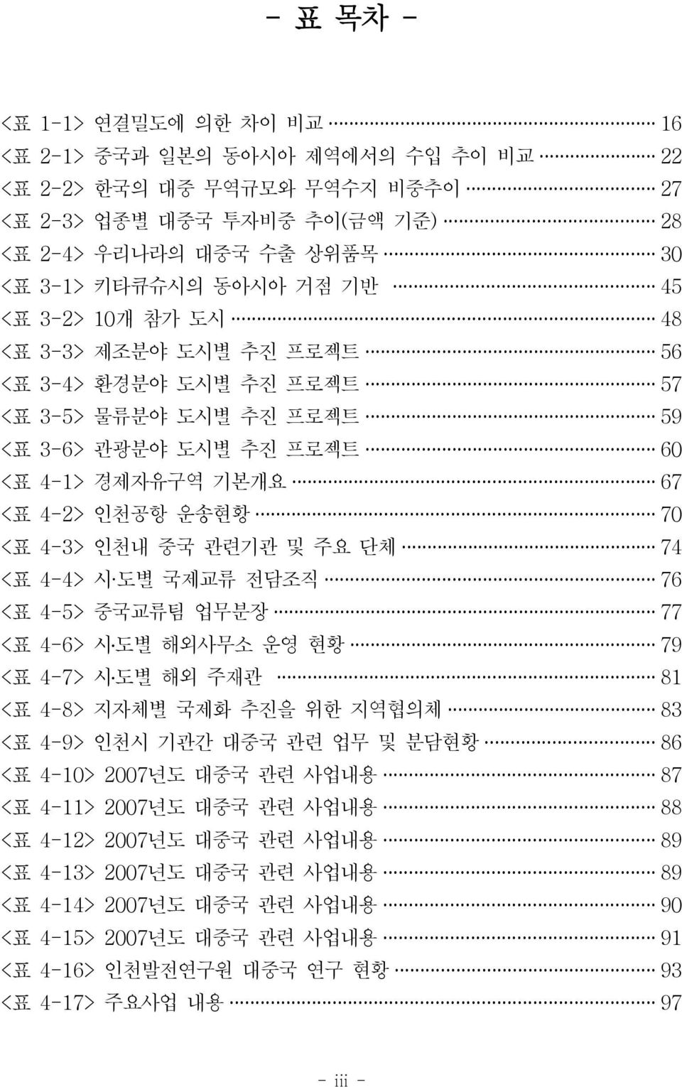 4-3> 인천내 중국 관련기관 및 주요 단체 74 < 표 4-4> 시 도별 국제교류 전담조직 76 < 표 4-5> 중국교류팀 업무분장 77 < 표 4-6> 시도별 해외사무소 운영 현황 79 < 표 4-7> 시도별 해외 주재관 81 < 표 4-8> 지자체별 국제화 추진을 위한 지역협의체 83 < 표 4-9> 인천시 기관간 대중국 관련 업무 및 분담현황 86