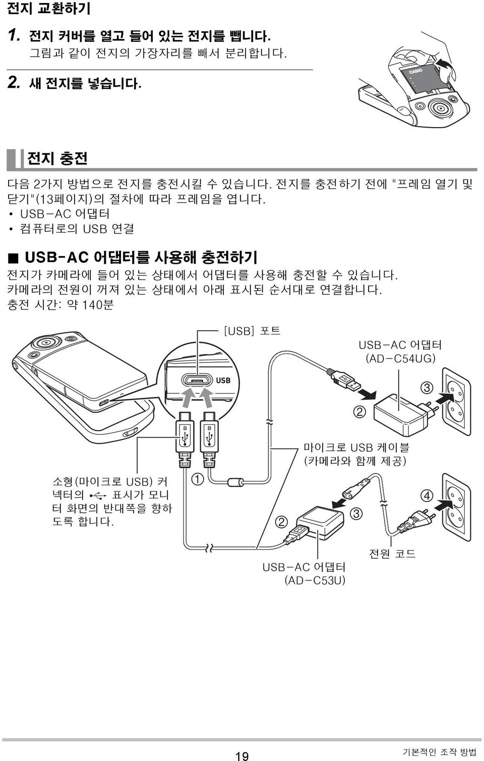 USB-AC 어댑터를 사용해 충전하기 전지가 카메라에 들어 있는 상태에서 어댑터를 사용해 충전할 수 있습니다. 카메라의 전원이 꺼져 있는 상태에서 아래 표시된 순서대로 연결합니다.