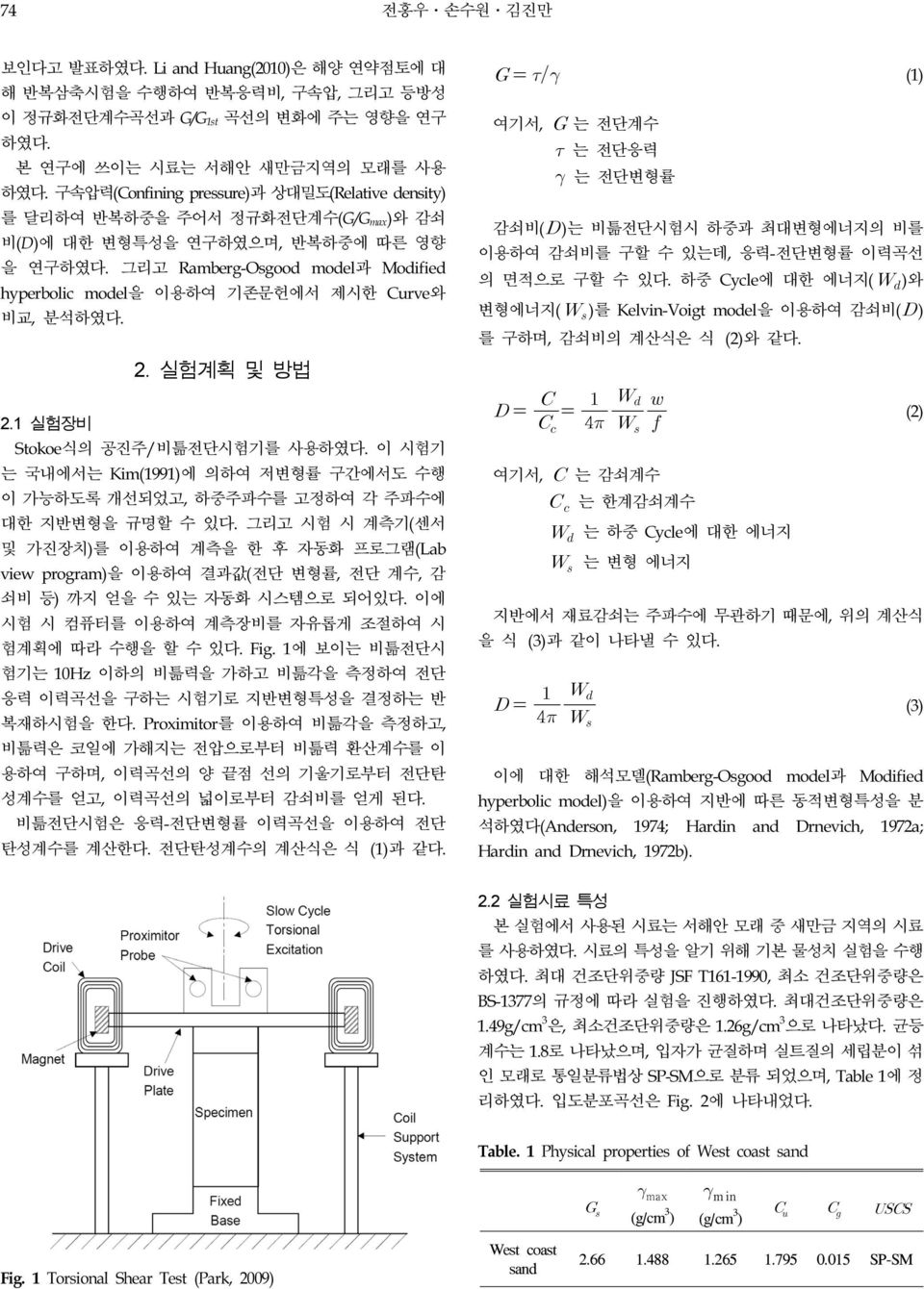 그리고 Ramberg-Osgood model과 Modified hyperbolic model을 이용하여 기존문헌에서 제시한 Curve와 비교, 분석하였다. 2. 실험계획 및 방법 2.1 실험장비 Stokoe식의 공진주/비틂전단시험기를 사용하였다.