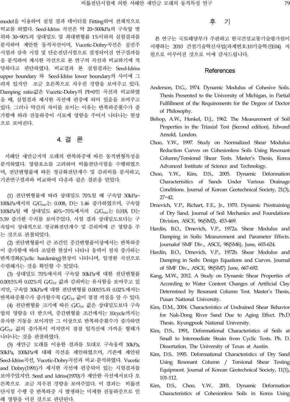 비교결과 본 실험결과는 Seed-Idriss upper boundary 와 Seed-Idriss lower boundary의 사이에 그 려져 있지만 조금 오른쪽으로 치우친 경향을 보여주고 있다. Damping ratio값은 Vucetic-Dobry의 PI=0인 곡선과 비교하였 을 때, 실험결과 제시한 곡선에 편중에 되어 있음을 보여주고 있다.