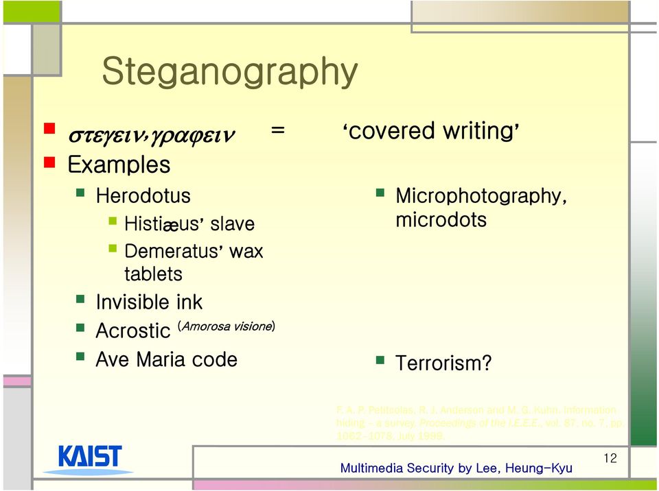 code Terrorism? F. A. P. Petitcolas, R. J. Anderson and M. G. Kuhn.