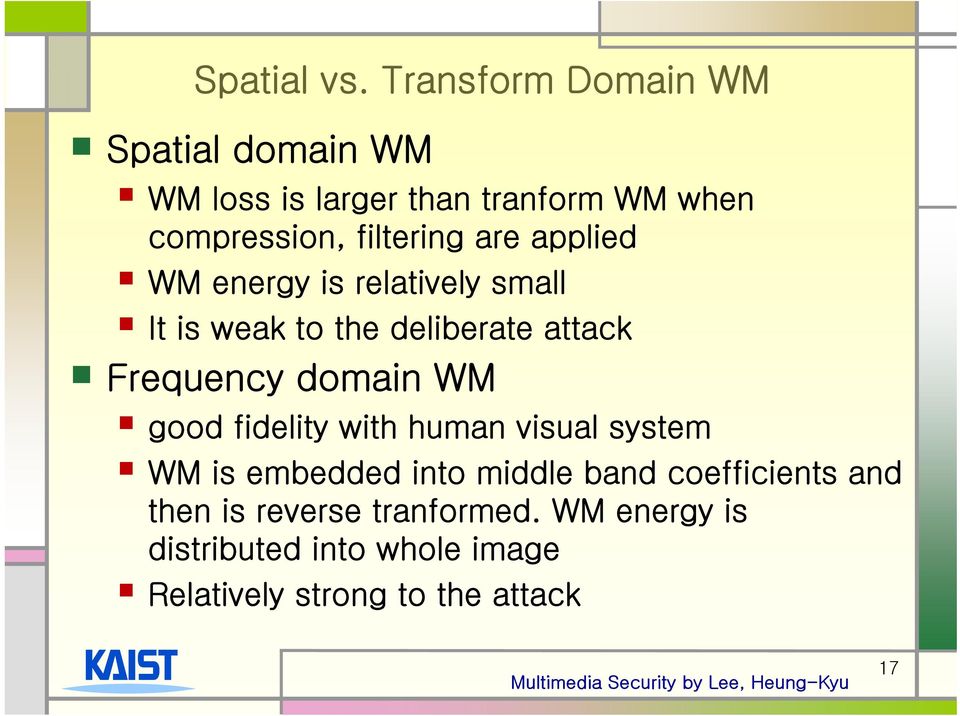 are applied WM energy is relatively small It is weak to the deliberate attack Frequency domain WM