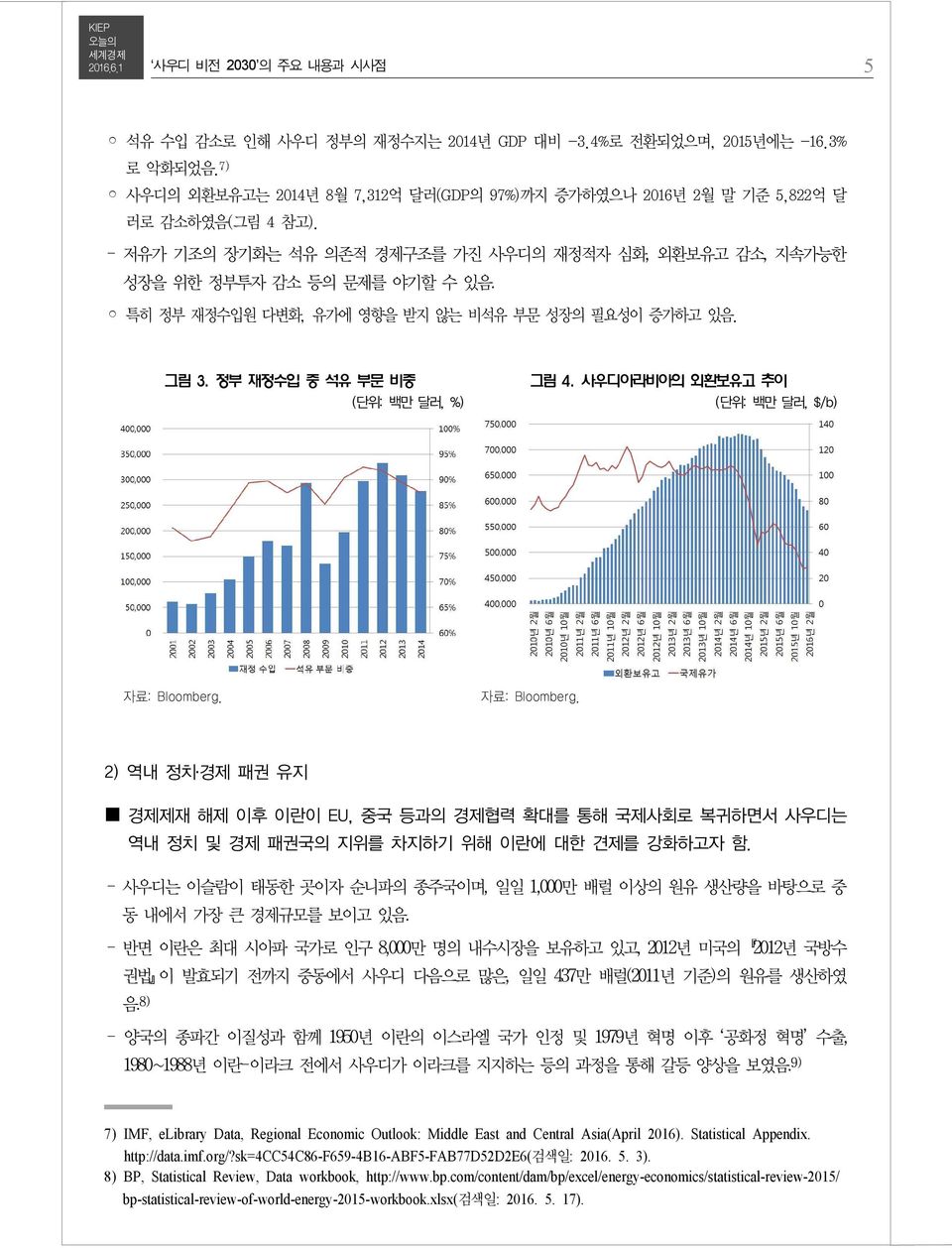 사우디아라비아의 외환보유고 추이 (단위: 백만 달러, $/b) 자료: Bloomberg. 자료: Bloomberg. 2) 역내 정치 경제 패권 유지 경제제재 해제 이후 이란이 EU, 중국 등과의 경제협력 확대를 통해 국제사회로 복귀하면서 사우디는 역내 정치 및 경제 패권국의 지위를 차지하기 위해 이란에 대한 견제를 강화하고자 함.