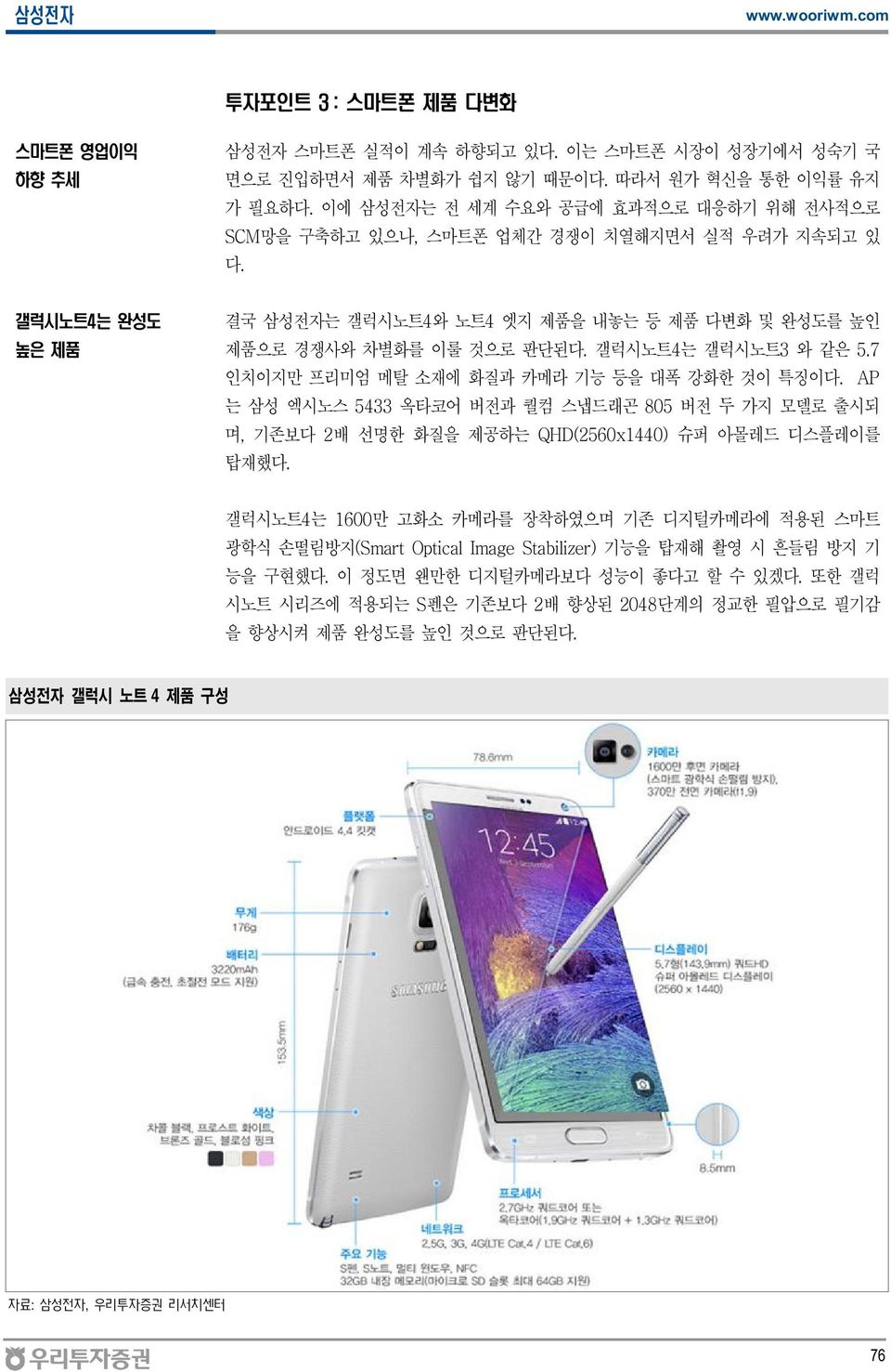 갤럭시노트4는 갤럭시노트3 와 같은 5.7 인치이지만 프리미엄 메탈 소재에 화질과 카메라 기능 등을 대폭 강화한 것이 특징이다. AP 는 삼성 엑시노스 5433 옥타코어 버전과 퀄컴 스냅드래곤 805 버전 두 가지 모델로 출시되 며, 기존보다 2배 선명한 화질을 제공하는 QHD(2560x1440) 슈퍼 아몰레드 디스플레이를 탑재했다.