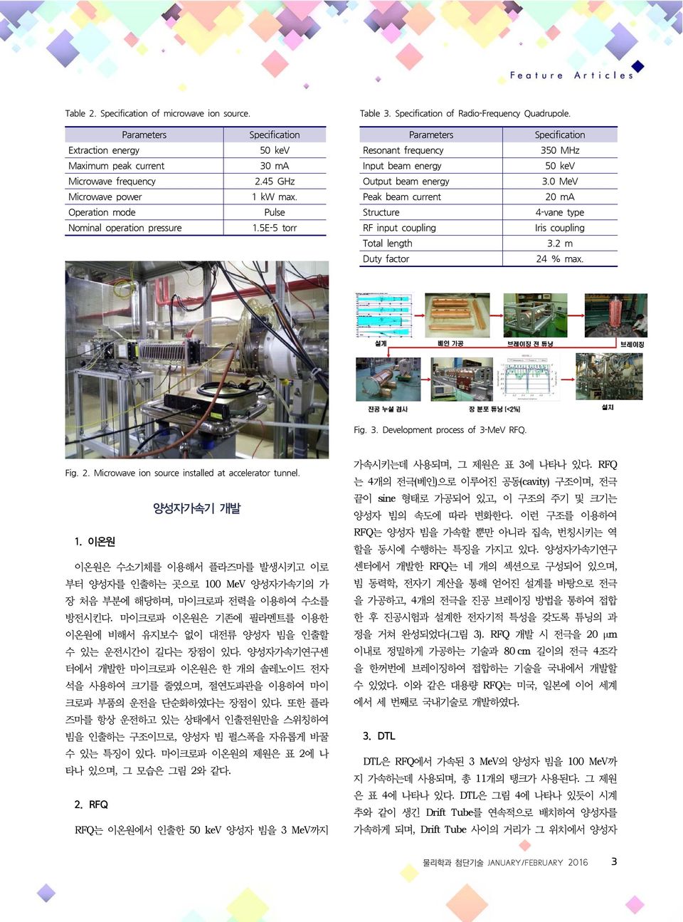 5E-5 torr RF input coupling Iris coupling Total length 3.2 m Duty factor 24 % max. Fig. 3. Development process of 3-MeV RFQ. Fig. 2. Microwave ion source installed at accelerator tunnel. 양성자가속기 개발 1.